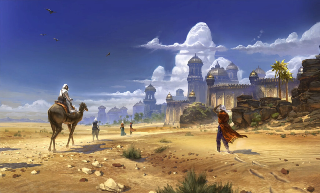 Digital artist rendering of Alik'r Desert in Elder Scrolls Online image of brown desert sands, large white clouds in the sky blue sky image of people walking towards a city some on foot some on camelback